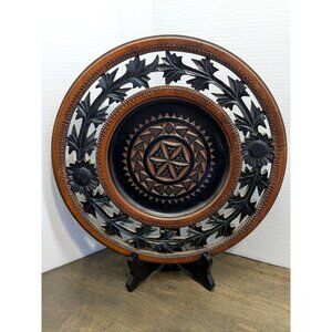 Handcarved Vtg. Polish Wooden Decorative Plate W/ Intricate Carvings Floral